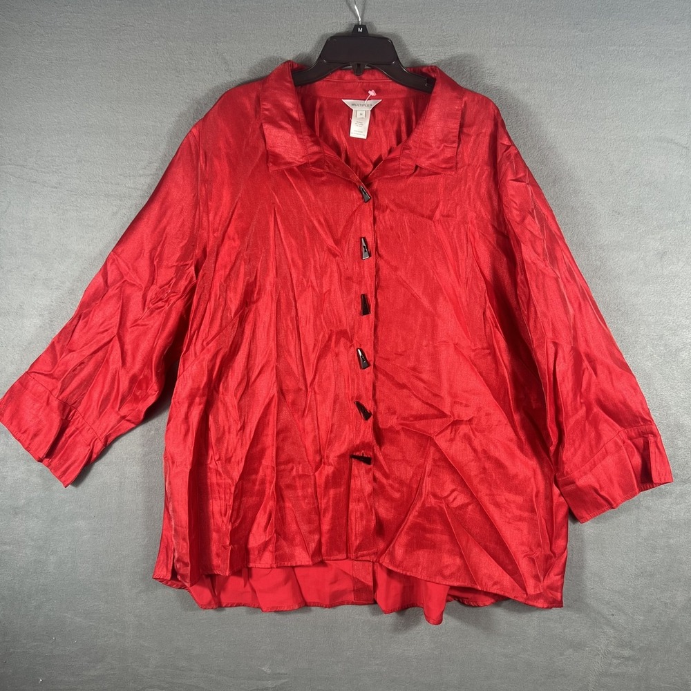 MULTIPLES Women's 3X Plus Red Crinkle Rayon Blend Tunic Blouse Top 3/4 Sleeve